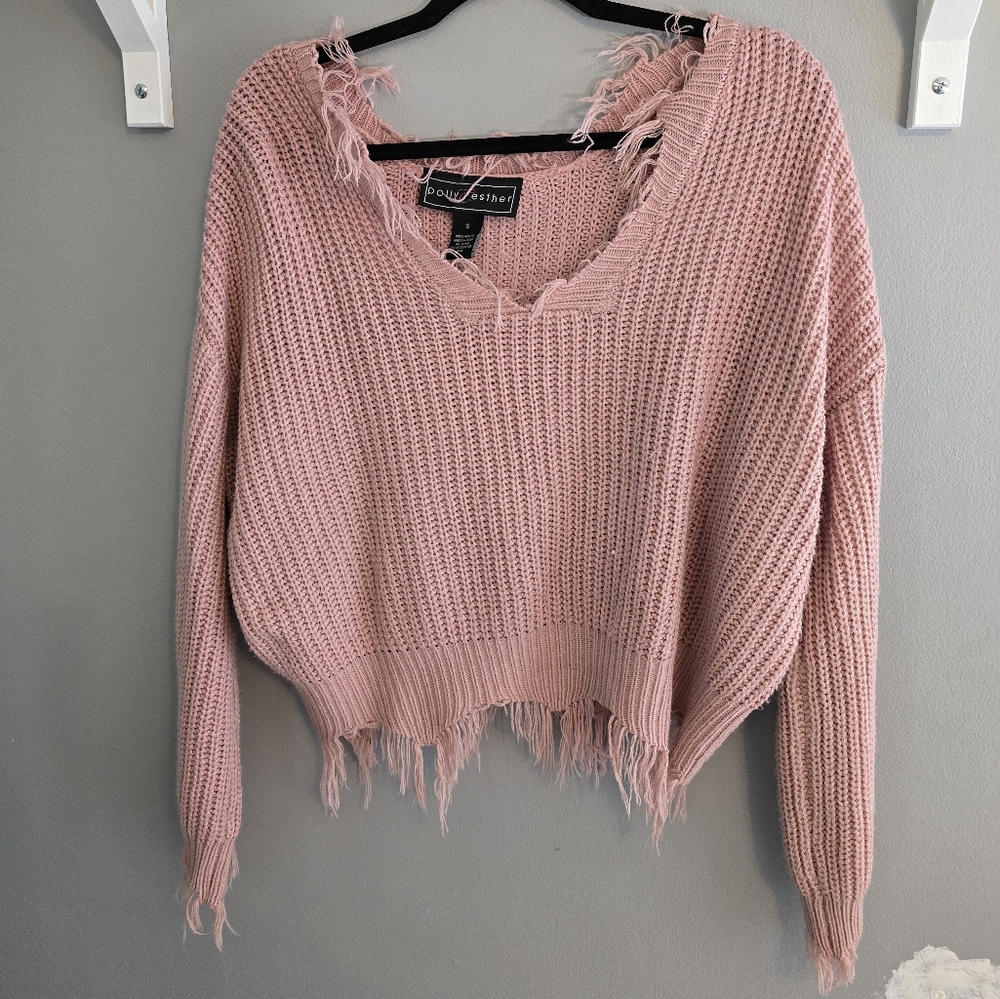 Polly & Esther Distressed Pink V-Neck Sweater Oversized